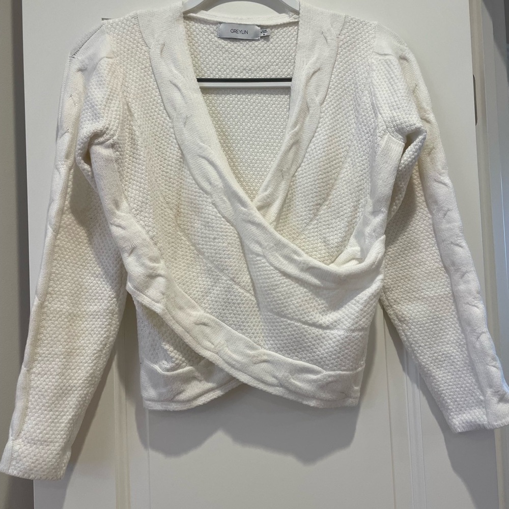 Greylin White V-Neck Sweater Elegant Wrap Design
